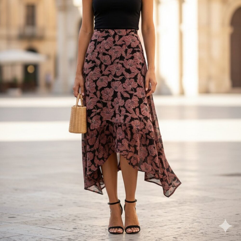 Sienna Sky Floral Asymmetrical Midi Skirt Small - Picture 2 of 5